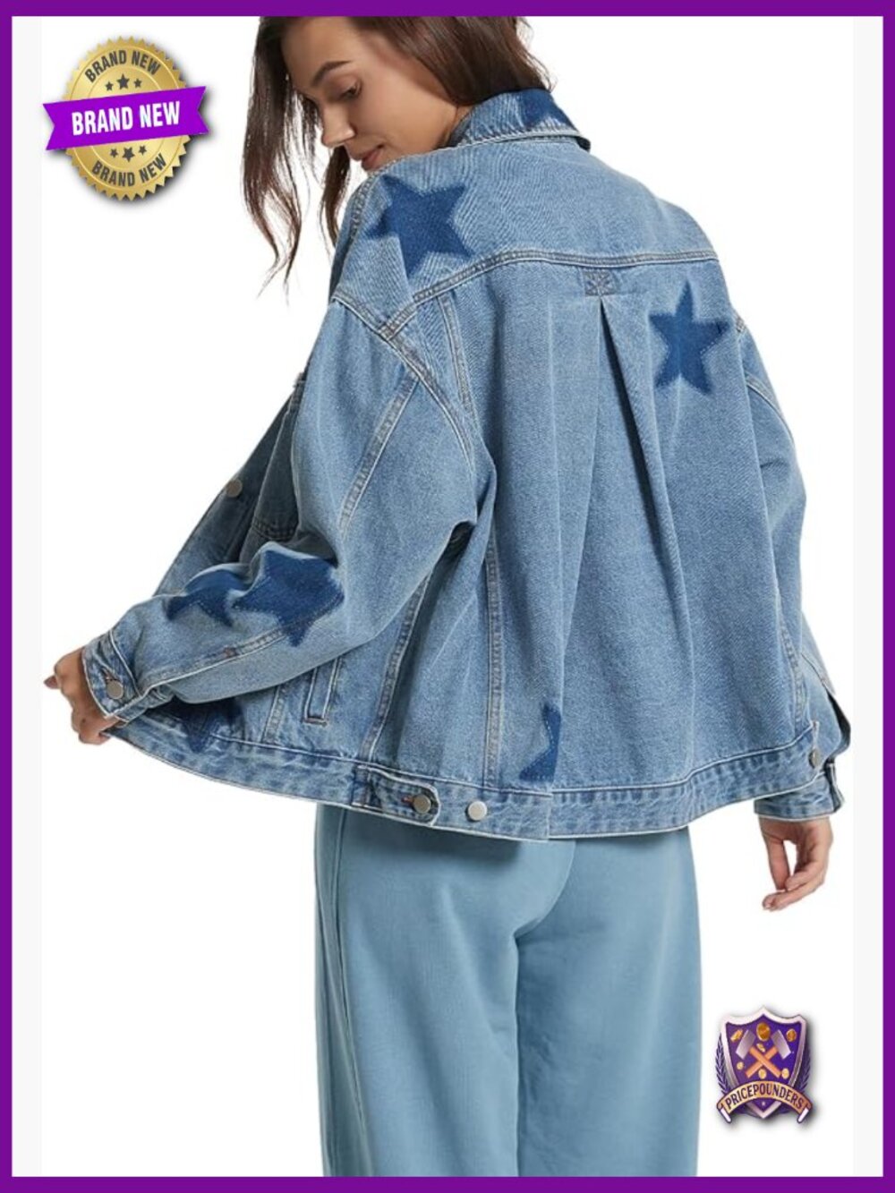Oversized Boyfriend Denim Jacket with Leopard Stars Print